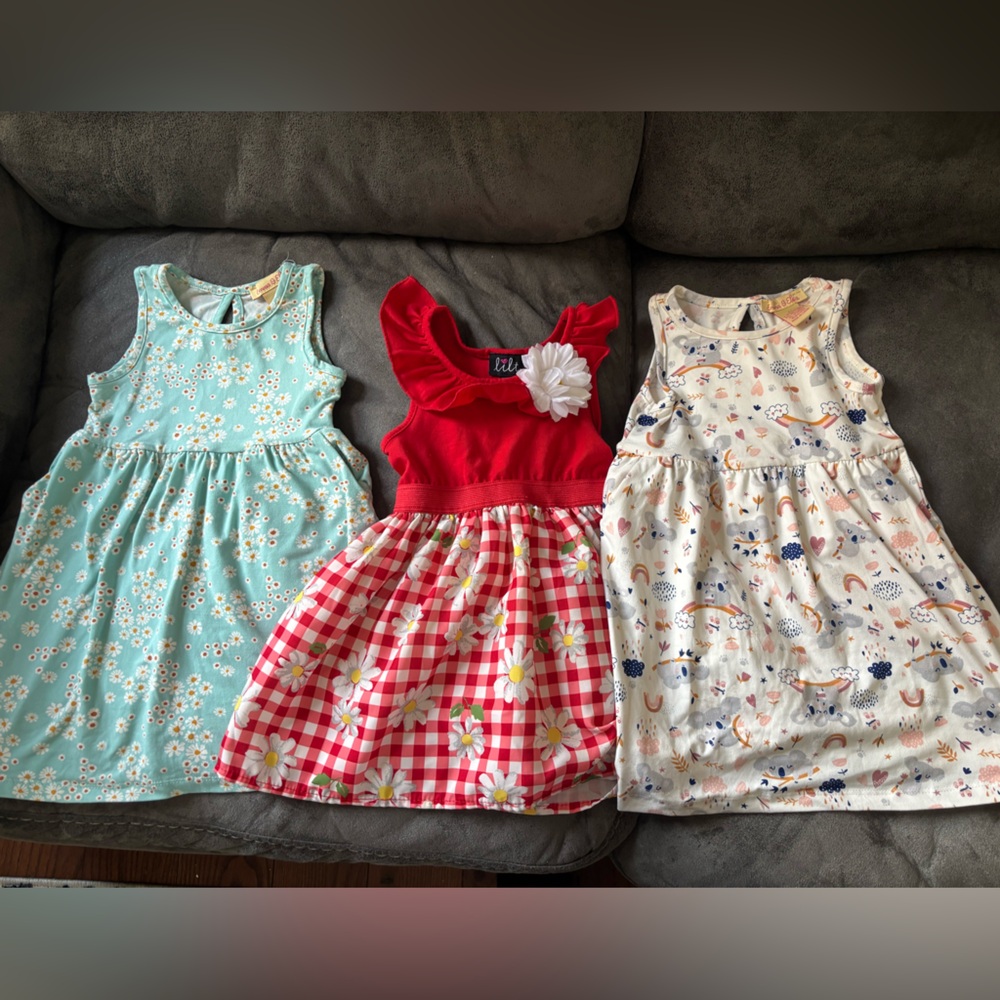 Assorted Girls' Summer Dresses - Red Gingham, Mint Daisy, Cream Rainbow